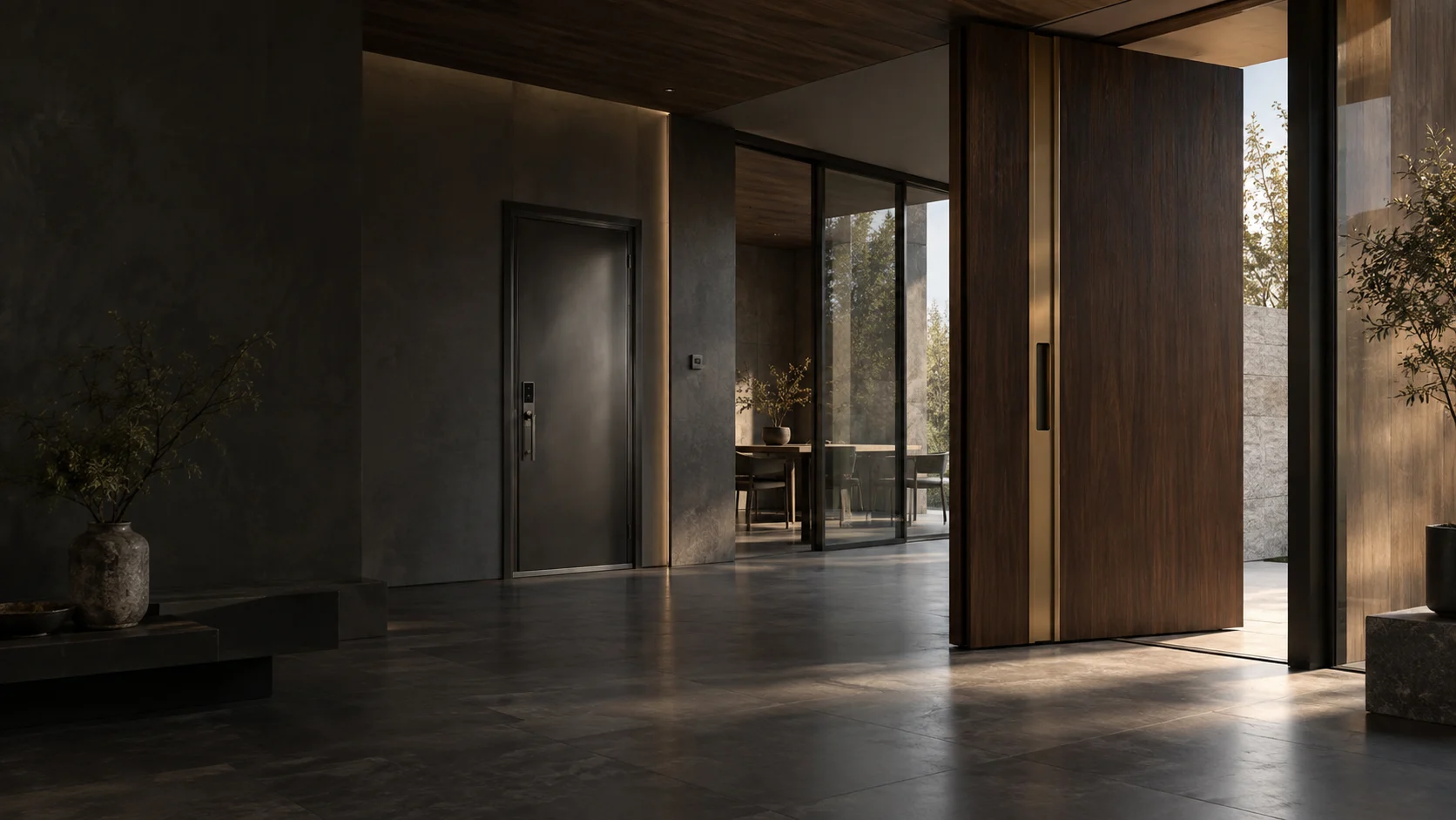 Custom wood entrance, security and glass doors in an architectural showroom