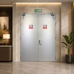 120 Minute Fire-Rated Steel Double Door with Panic Bar, Door Closer, Soundproof Flat Panel for Hotel or Hospital