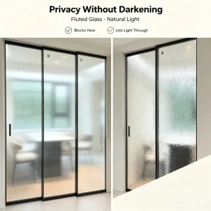 3-Panel Fluted Glass Sliding Door with Slim Aluminum Alloy Frame for Kitchen Room Divider