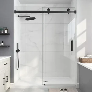 304 Stainless Steel 56 in 60 in W X 74 in H Matt Black Frameless Sliding Shower Door 8mm Clear Glass Hotel Use Modern Design