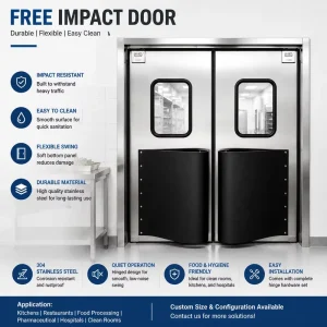 304 Stainless Steel Double-Swing Free-Impact Door with Aluminum Honeycomb Core and PE Bumper, Food Grade, for Pharmaceutical Use