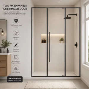 304 Stainless Steel Inline Pivot Shower Door With 2 Fixed Panels And 1 Swing Door, 8mm Safety Glass