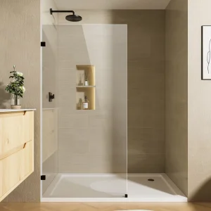 34″ W x 68″ H Frameless Fixed Shower Door, 3/8″ (10 mm) Clear Tempered Glass, Matte Black