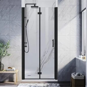 34″W x 72″H Black Semi-Frameless Bifold Pivot Swing Shower Door with Hinges