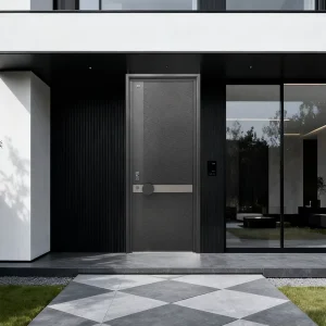 3D Carved Aluminum Entry Security Door Bulletproof Heat Water Resistant Line Pattern Minimalist Exterior Door