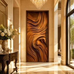 3D Carved Wood Door with Sculptural Wave Design MDF Interior Entrance Door for Villa or Hotel
