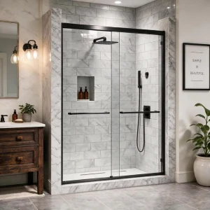 44 48 In. W X 76 In. H Frameless Double Sliding Shower Door in Matte Black with 5 16 In. Thick Clear Glass