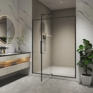 56-60″ W x 74″ H Pivot Shower Door with 5/16″ Tempered Glass, Outward Opening, Matte Black