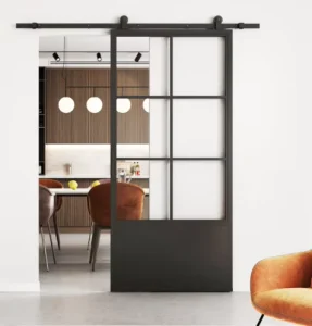 6-Lite and Base Black Steel Frame Glass Barn Door Leaf