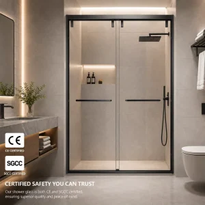 8mm Tempered Glass Grid Pattern Black Framed Sliding Shower Door Industrial Style Enclosure