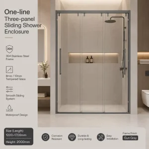 ANSI 3-Panel Triple Sliding Semi-Frameless Shower Door with Gunmetal Grey Finish and Anti-Stain Glass