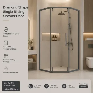 ANSI Neo Angle Single Sliding Corner Shower Enclosure Stainless Steel Frameless Diamond Shape Glass Door Modern Easy Clean