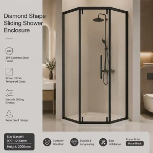 ANSI Z97.1 SS304 Frame Neo Angle Corner Shower Enclosure Single Sliding Diamond Shape Glass Doors Modern Custom Hotel Bath