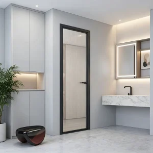 Aluminum Alloy Polymer Minimalist Privacy Glass Bathroom Door with Magnetic Lock