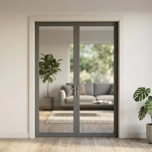 Aluminum Casement Double Door with Soundproof Broken Bridge Design, Double Tempered Glass and Thermal Insulation for House Exterior