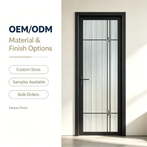 Aluminum Frame Toilet Swing Door with Reeded Privacy Glass and Metal Grille