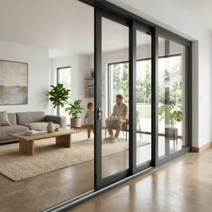 Aluminum French Sliding Door with Tempered Laminated Double or Triple Glazing and Screen