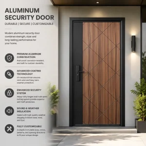 Aluminum Front Door with Diamond Line Wood Grain Finish Anti-Theft Exterior Security Entrance Door