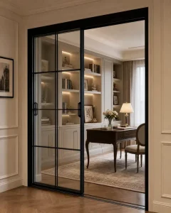 Aluminum Partition with Black Narrow Frame, Sound Insulation, Slim Double Glazing, for Office and Kitchen