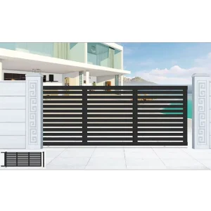Aluminum Sliding Gate Black Finish with Horizontal Louvers for Residential Driveway and Villa