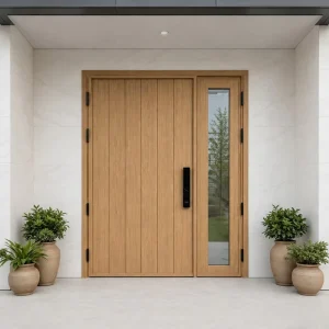 Aluminum-Steel Double Front Entry Door with Vision Lite Glass and Wood-Grain PVC Lamination