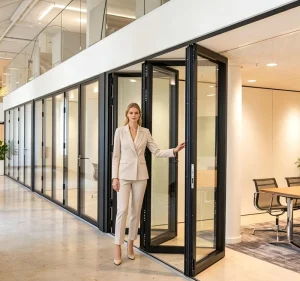 Aluminum Thermal Break Bifold Glass Door with Black Frame, Waterproof and Hurricane Resistant