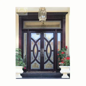 American Mahogany Exterior Double Wood Door with Glass Panels