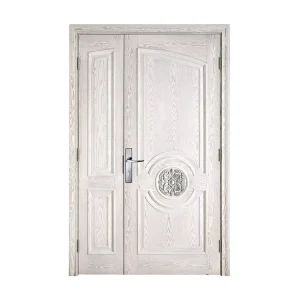 American Red Oak Veneer Plywood White Painted Carved Unequal Double Main Door