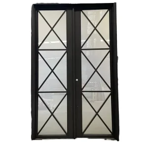 American-Style Steel Double Wrought Iron Entry Doors with Scrollwork and Operable Frosted Glass