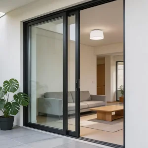 Anodized Grey Narrow-Frame Sliding Glass Door with Decorative Grille, Minimalist Balcony Door System