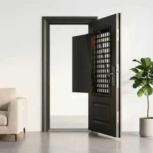 Anti-Theft Steel Security Door, Modern Dual-Door Entry with Stainless Steel Mesh Screen, Ventilation, and Push-Pull Design