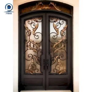 Antique Tone Wrought Iron Door with Transom Ornate Leaf Scroll Pattern Frosted Glass Villa Exterior Security Front Door