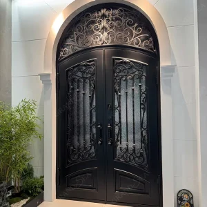 Arch-Style Wrought Iron French Double Doors Exterior Florida Hurricane Doors for Houses