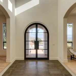 Arch Top Floor-to-Ceiling Double Glass Door with Wrought Iron Grill, Exterior French Hinged Entryway Door