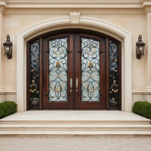 Arch Top Modern Entry French Main Wrought Iron Door Designs Double Door with Sidelights for Villa