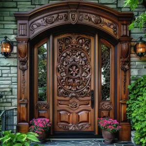 Arched Carved Wooden Villa Entrance Door, Retro Style