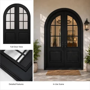 Arched Double Black Solid Wood Front Entry Door with Glass Grids for Villa
