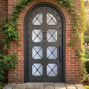 Arched Iron Glass Front Door Decorative Steel Entry Door with Grid Glass for Villa