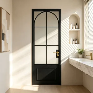 Arched Swing Commercial Partition Door Tempered Obscure Glass Metal Frame Noise Reduction for Motel Bathroom Unit