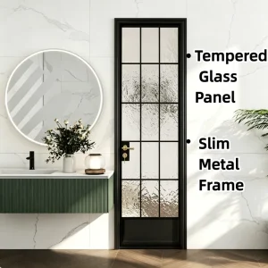 Arched Swing Entry Door, Textured Tempered Glass, Slim Alloy Frame, Easy-Clean Bathroom Door