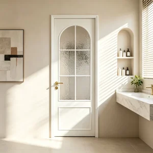 Arched Swing Residential Interior Door Tempered Opaque Glass Slim Alloy Frame Water Resistant for New Build Villa Bath
