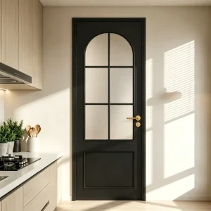 Arched Swing Slim Profile Entry Door Clear Pattern Glass Alloy Frame Soundproof for Urban Apartment Bathroom Interior