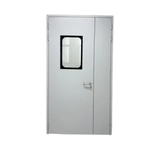 Asymmetric Double-Leaf Steel Cleanroom Swing Door with Glass View Panel for Electronics Manufacturing