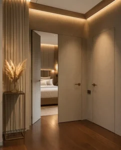 BOCHARM Linen Texture Flush Hidden Door Modern Luxury Invisible Interior Wood Door Gold Accent for Villa Hotel Bedroom