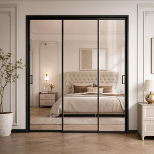 Bedroom Separation Double Linkage Ultra-Narrow Black Frame Aluminum Sliding Glass Door, Sound Insulation