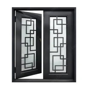 Black Aluminium Double Entry Door with Geometric Wrought Iron and Privacy Glass
