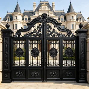Black Aluminum Alloy Driveway Gate Pivot Double Door Electric Sliding Anti-Rust Modern Villa Entrance