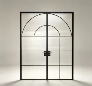 Black Aluminum Alloy Frame Arched French Double Water-Resistant Tempered Glass Interior Swing Door for Villa or Apartment