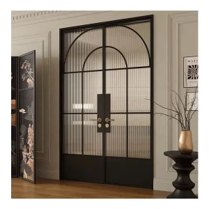 Black Aluminum Alloy Frame Glass French Door with Indoor Steel Frame