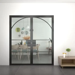 Custom Loft Style Arched Steel and Fluted Glass Swing French Door with Privacy Lock